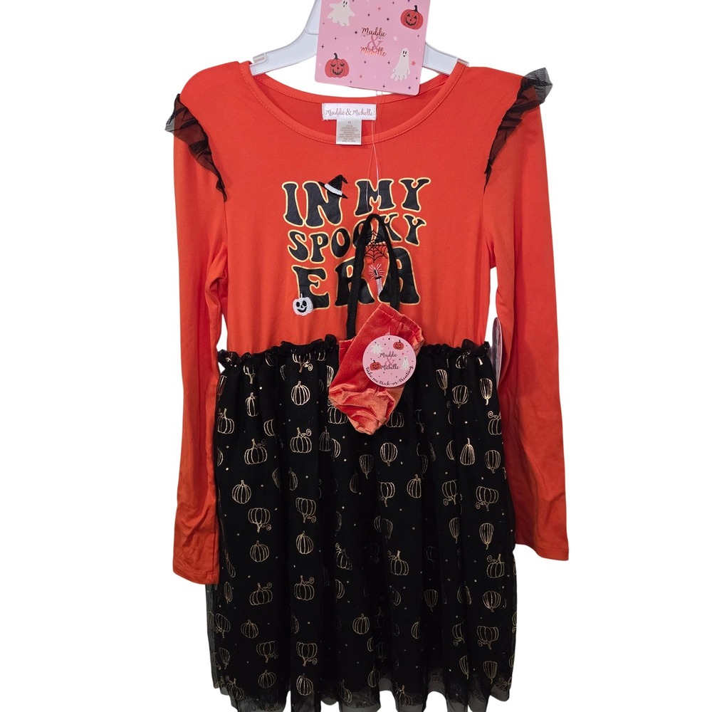 Maddie & Michelle Girls Size 12 Halloween Dress Orange Black Pumpkin Tulle
